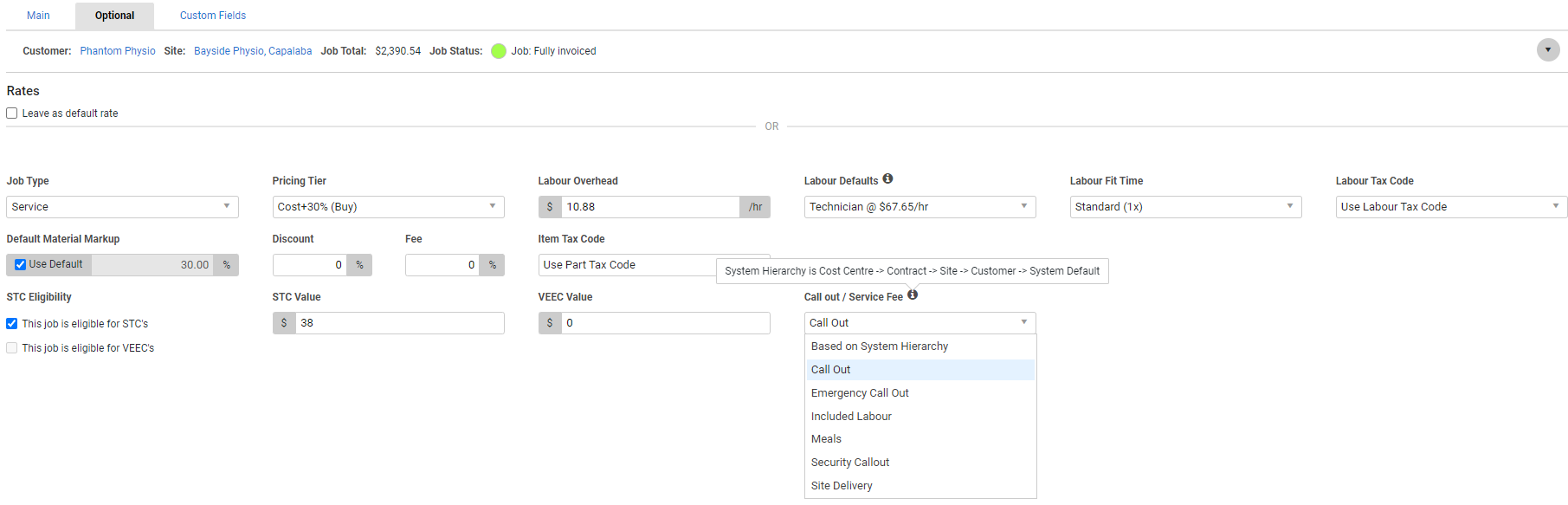 A screenshot of the Edit Labour Rate page.